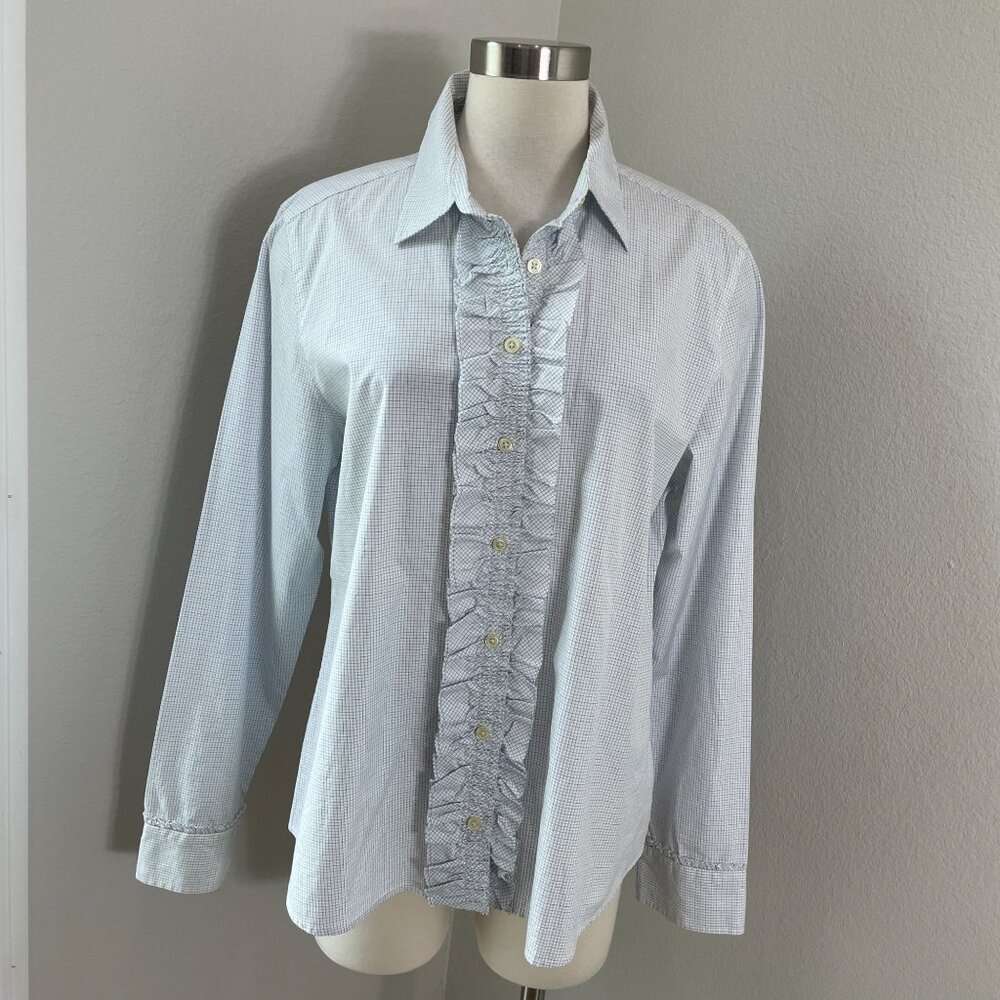 Banana Republic Womens XL Micro Check Button Up Dress Shirt Ruffle Front Blouse